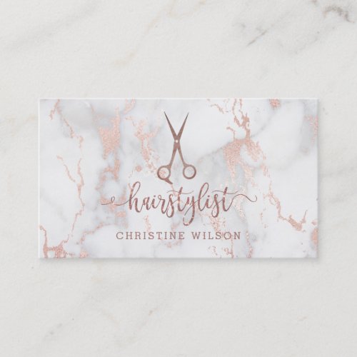 faux rose gold scissors marble hairstylist business card