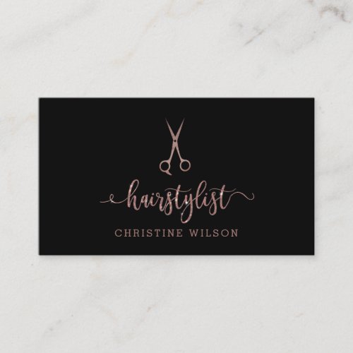 faux rose gold scissors on black hairstylist business card