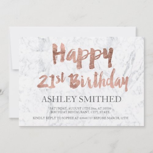 Faux rose gold script marble 21st birthday party invitation