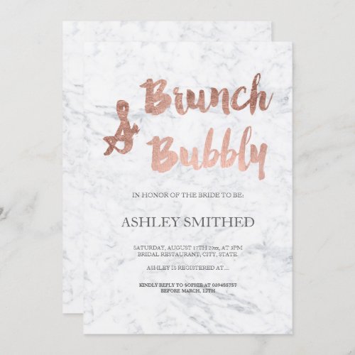 Faux rose gold script marble brunch bubbly bridal invitation