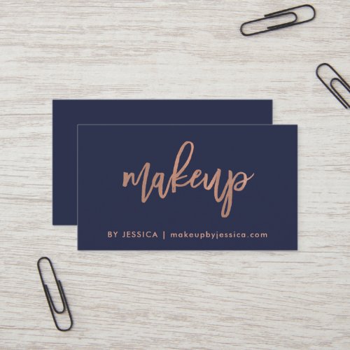 Faux Rose Gold Script on Midnight Blue  Makeup Business Card