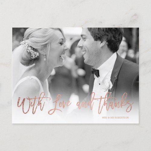 Faux rose gold script wedding love thank you postcard