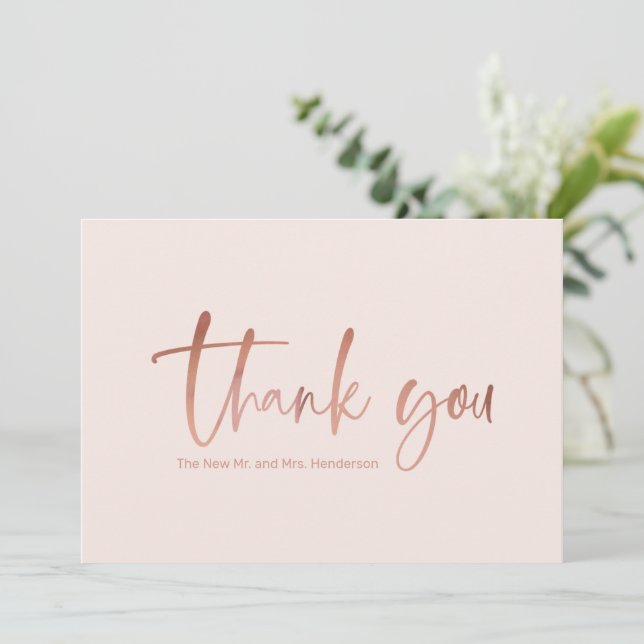 Faux Rose Gold Script Wedding Thank You Card (Standing Front)