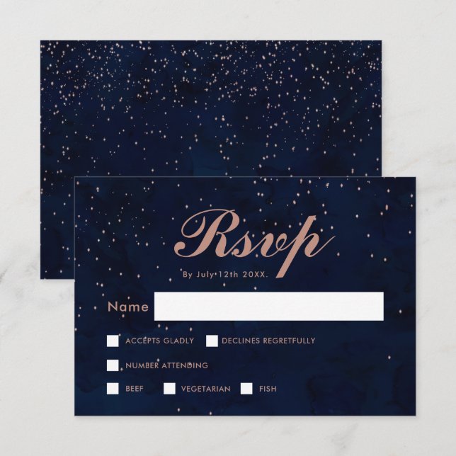Faux rose gold stars navy blue watercolor  rsvp invitation (Front/Back)