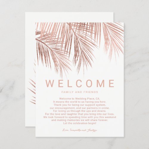 Faux rose gold tropical palm tree welcome wedding invitation