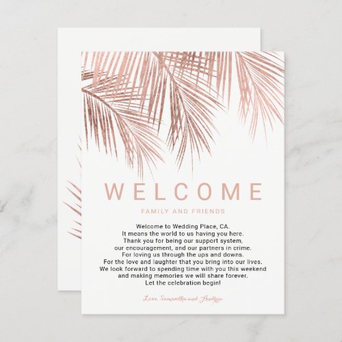 Faux rose gold tropical palm tree welcome wedding invitation