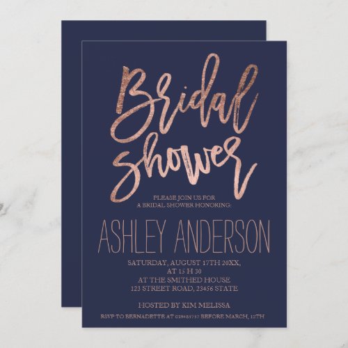 Faux rose gold typography blue bridal shower invitation