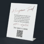 Faux Rose Gold Typography Honeymoon Fund QR Code Pedestal Sign<br><div class="desc">This collection features an elegant, modern, handwritten font to create key words and phrases. In this piece, the graphic typography overlays read "Honeymoon Fund" in the large header area and "With love & gratitude, " near the bottom. These images have been embellished with a simulated metallic faux rose gold finish...</div>