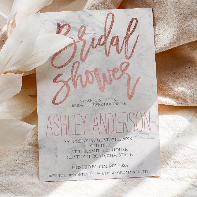 Faux rose gold typography marble bridal shower invitation