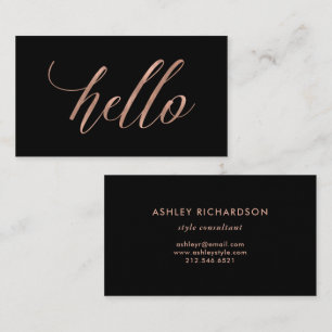 Faux Rose Gold Typography on Black   Hello Business Card