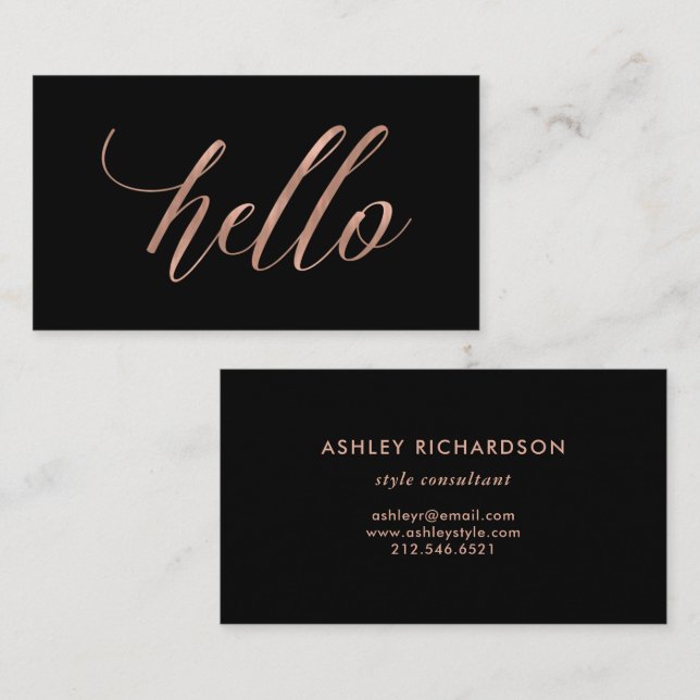 Faux Rose Gold Typography on Black | Hello Business Card (Front/Back)