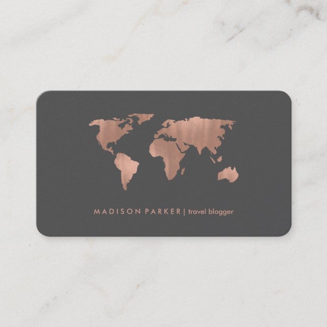 Faux Rose Gold World Map on Smoky Gray Business Card (Front)