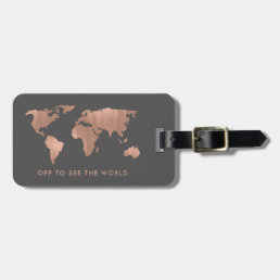 Faux Rose Gold World Map on Smoky Gray Luggage Tag