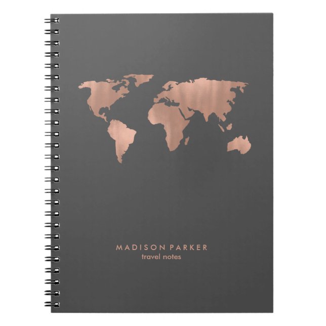 Faux Rose Gold World Map on Smoky Gray Notebook (Front)