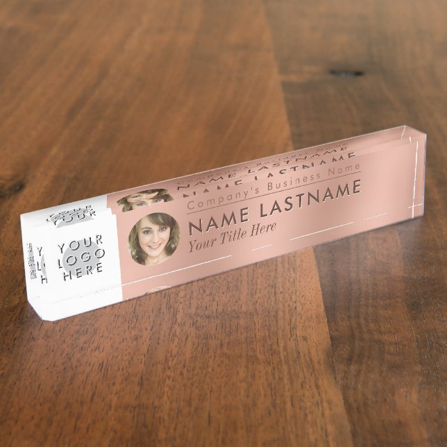 Faux Rose Gold Your Logo Photo Professional Desk Name Plate (Side)