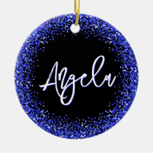Faux Royal Blue Glitter Black Photo Ceramic Ornament
