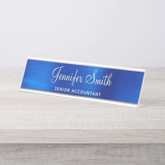 Faux Royal Blue Metallic Foil Desk Name Plate (Front)