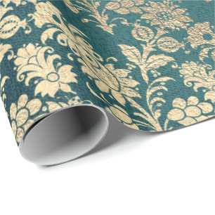 Faux Royal Gold Floral Powder Floral Pearly Teal Wrapping Paper