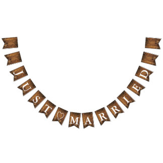 Faux Rustic Barn Wood Just Married Wedding Bunting Flags
