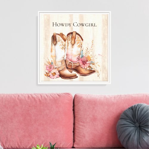 Faux Rustic Cream Wood Pink Rose Cowgirl Boots Canvas Print