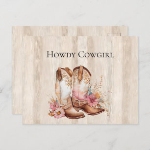Faux Rustic Cream Wood Pink Rose Cowgirl Boots Postcard
