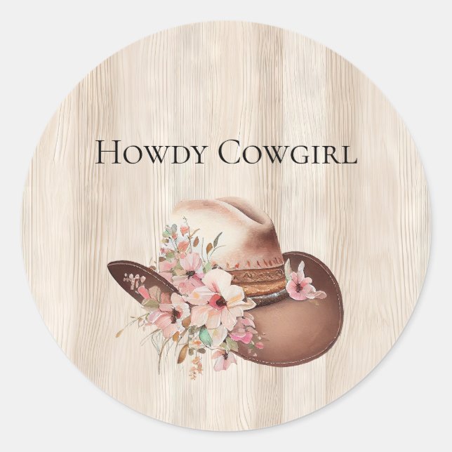 Faux Rustic Cream Wood Pink Rose Cowgirl  Classic Round Sticker (Front)