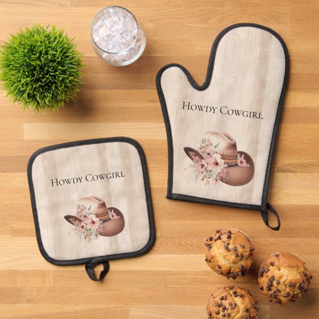 Faux Rustic Cream Wood Pink Rose Cowgirl  Oven Mitt & Pot Holder Set (Top Down)