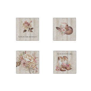 Faux Rustic Cream Wood Pink Rose Cowgirl Stone Magnet