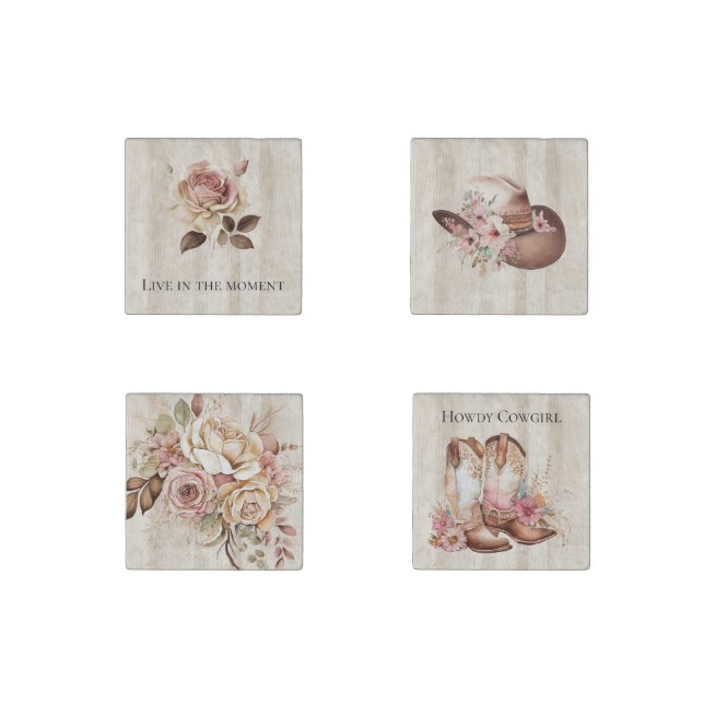 Faux Rustic Cream Wood Pink Rose Cowgirl  Stone Magnet (Front)