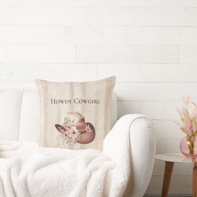 Faux Rustic Cream Wood Pink Rose Cowgirl  Throw Pillow (Couch)