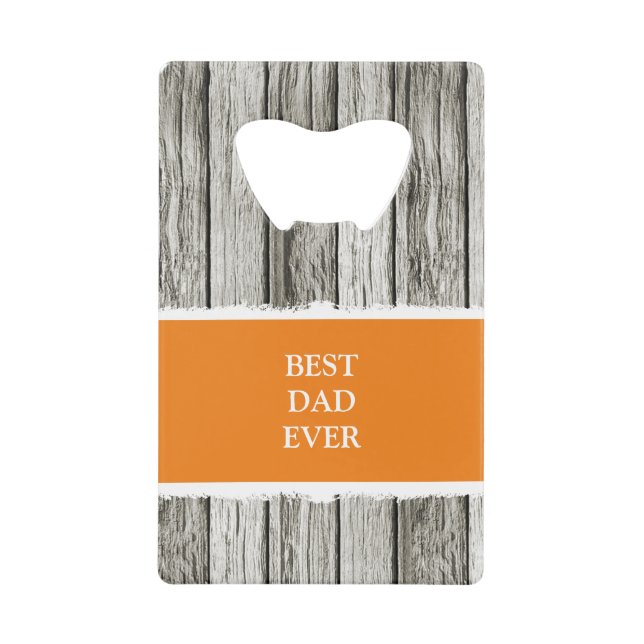 Faux rustic wood 1 photo daddy grey orange credit card bottle opener (Front)