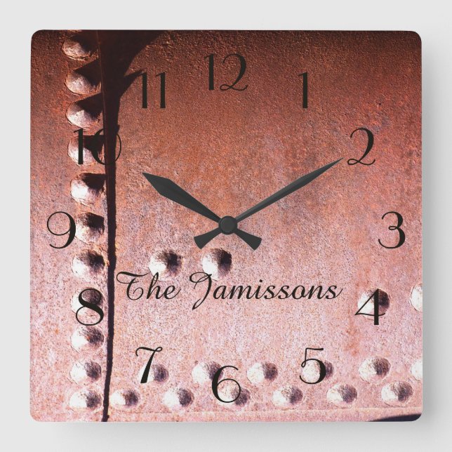 Faux Rusty Metal Abstract, Name, Personalized Square Wall Clock (Front)