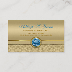 Faux Sapphire Blue Gemstone Metallic Gold Damask Business Card