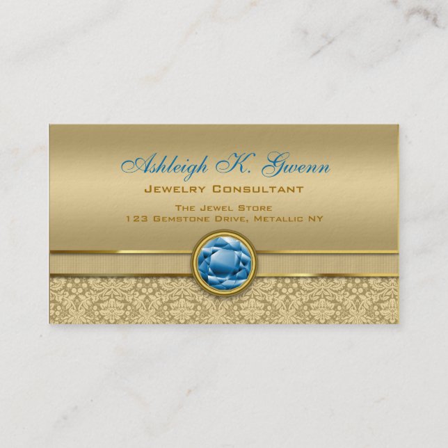 Faux Sapphire Blue Gemstone Metallic Gold Damask Business Card (Front)