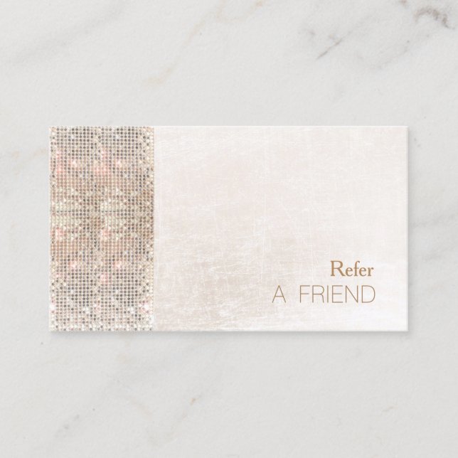 FAUX Sequin Brushed White Marble Salon Referral Card (Front)