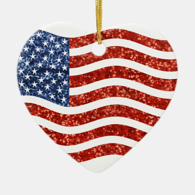 faux sequin print american flag ceramic ornament (Front)