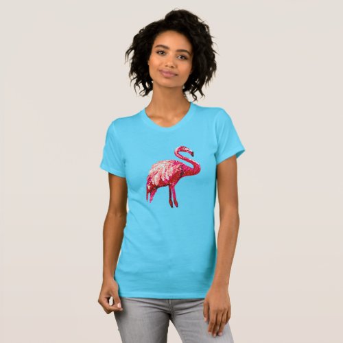 Faux Sequin Printed Tropical Flamingo Bird T_Shirt