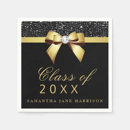 Faux Sequins Bow Gold Black Graduation Party Napkins