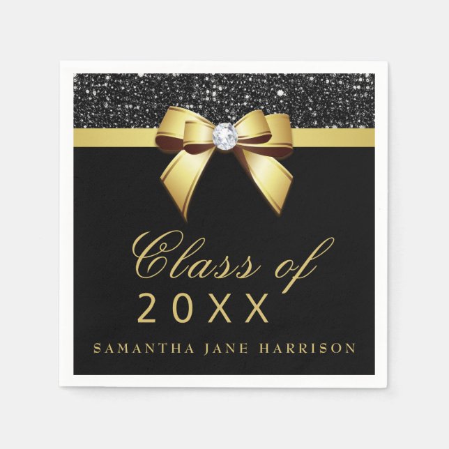 Faux Sequins Bow Gold Black Graduation Party Napkins (Front)