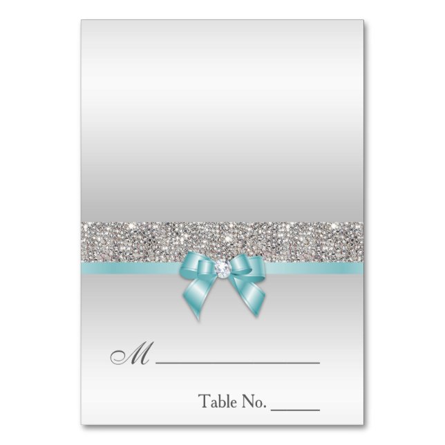 Faux Sequins Light Teal Blue Bow Place Card (Front)