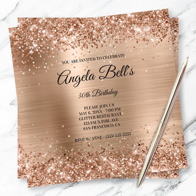 Faux Shiny Copper Glitter Brushed Foil Monogram Invitation (Creator Uploaded)