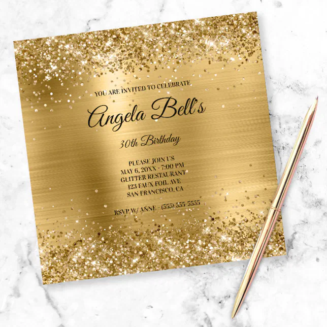 Faux Shiny Gold Glitter Brushed Foil Monogram Invitation Zazzle