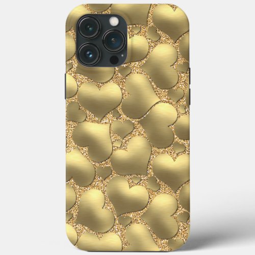 Faux Shiny Gold Glitter Heart Art Pattern iPhone 13 Pro Max Case