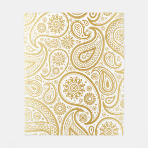 Faux Shiny Metallic Gold Paisley Print Fleece Blanket
