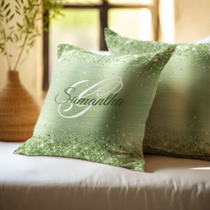 Faux Shiny Mint Green Glitter Foil Monogram Throw Pillow