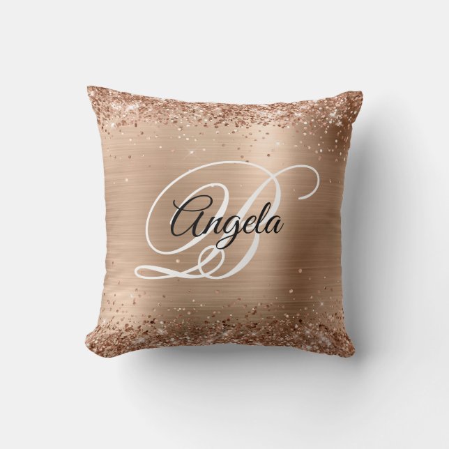 Faux Shiny Pale Copper Glitter Foil Fancy Monogram Throw Pillow (Front)