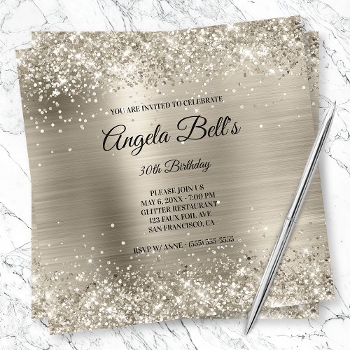 Faux Shiny Platinum Glitter Brushed Foil Monogram Invitation