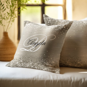 Faux Shiny Platinum Glitter Brushed Metal Monogram Throw Pillow