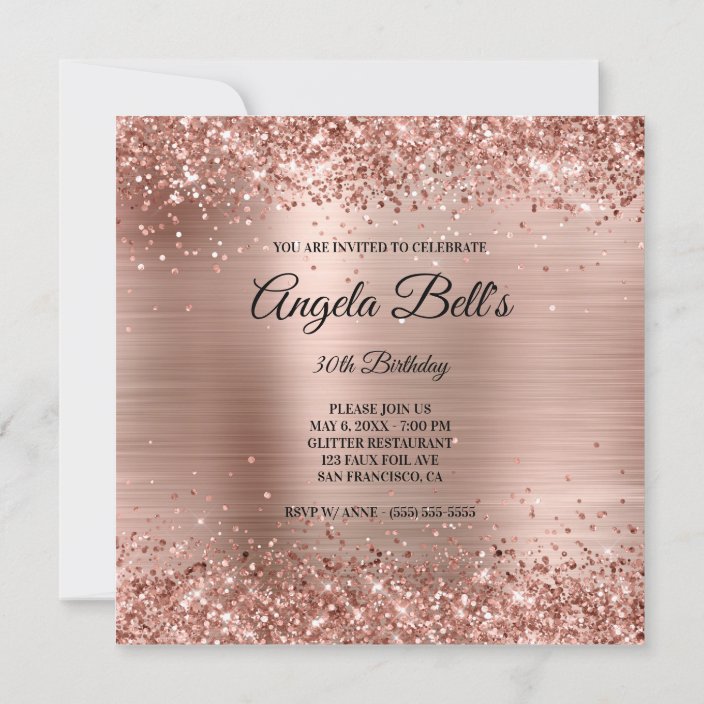 Faux Shiny Rose Gold Glitter Brushed Foil Monogram Invitation | Zazzle.com