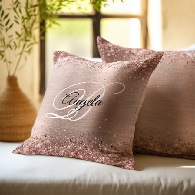 Faux Shiny Rose Gold Glitter Foil Fancy Monogram Throw Pillow (Rose Gold Glitter Foil Fancy Monogram Throw Pillow)